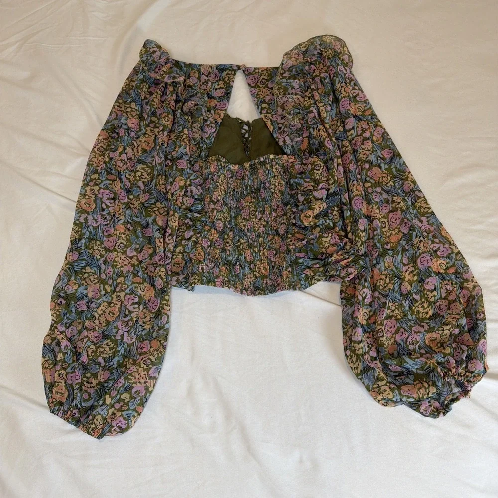 Free People Shirt Womens XS Green Floral Smocked Mabel Puff Sleeve‎ Boho Top